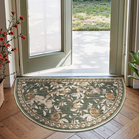 jinchan Eden Botanical Vintage Washable Small Area Rug, 2x3 Half Circle Floral Entryway Rug, Low Pile Soft Non Slip Doormat Dirt Trapping Carpet for Entrance Kitchen Bathroom Vanity, Green
