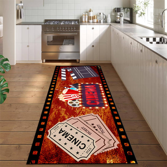 Srocvi Movie Time Long Rug Home Cinema Theatre Clapboard Ticket Popcorn Print Design Carpets for Living Room Retro Red Non-Skid Foldable Long Door Mats for Indoor Kids Bedroom Hallway Porch, 2x7ft