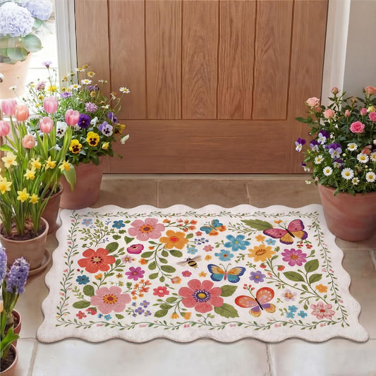 Tinideya Summer Floral Scalloped Doormat Colorful Flower Butterfly Welcome Door Mat 27.6 x 15.7 Inch Artificial Coir Non Slip Cute Entrance Rugs for Indoor Outdoor Front Kitchen Bathroom Decor