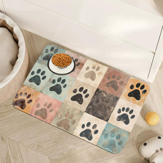 Cute Cat Paw Print Dog Food Mat for Floors,Vintage Absorbent Pet Food and Water Bowl Mats,Non-Slip Pet Feeding Mat,Pet Supplies 12" x 20"