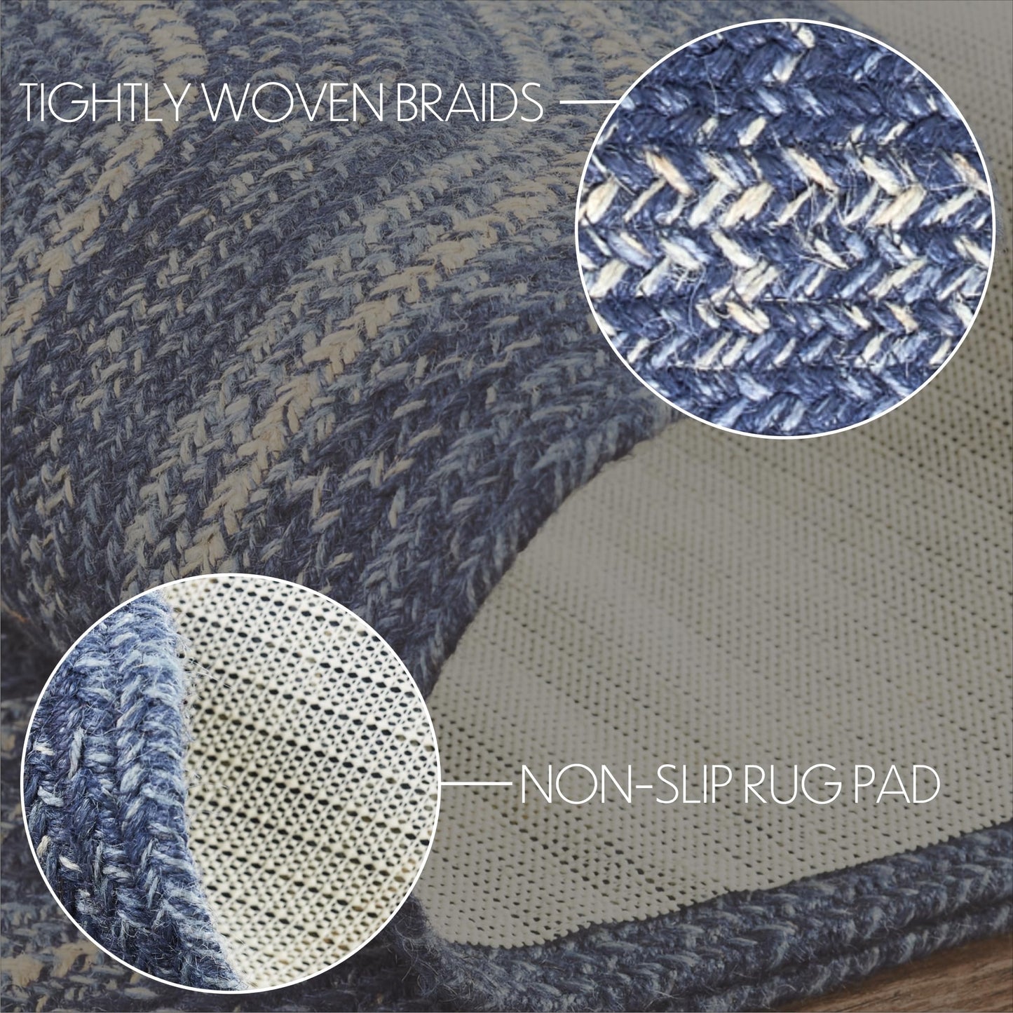 VHC Brands Great Falls Blue Rug with PVC Pad, Jute Blend, Oval, Blue White, 20x30 inches