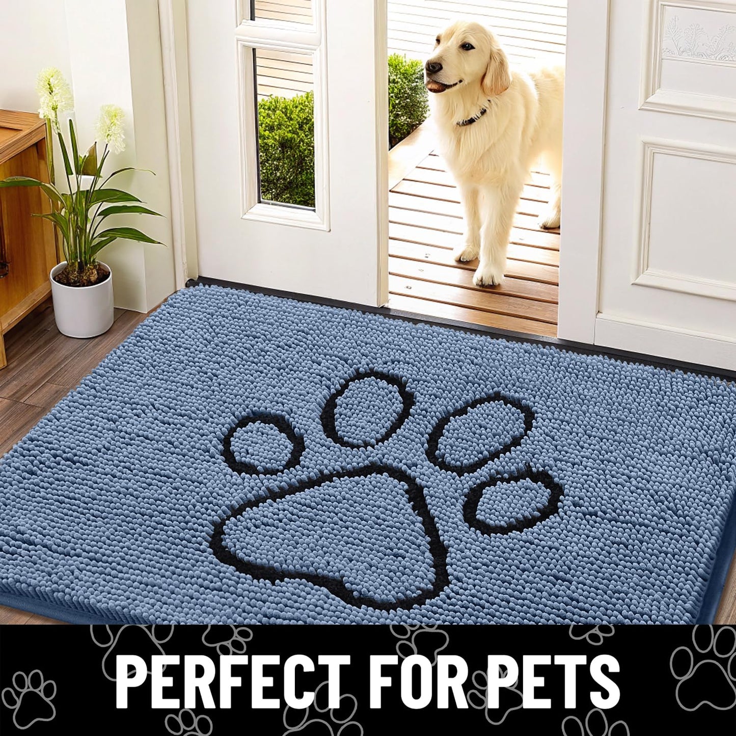 Smiry Dog Door Mat for Muddy Paws, Absorbent Dirt Trapper Non Slip Quick Dry Washable Chenille Mat for Mud Dogs, Entry Rug for Indoor and Outdoor (48x30 Inches, Airy Blue and Black)