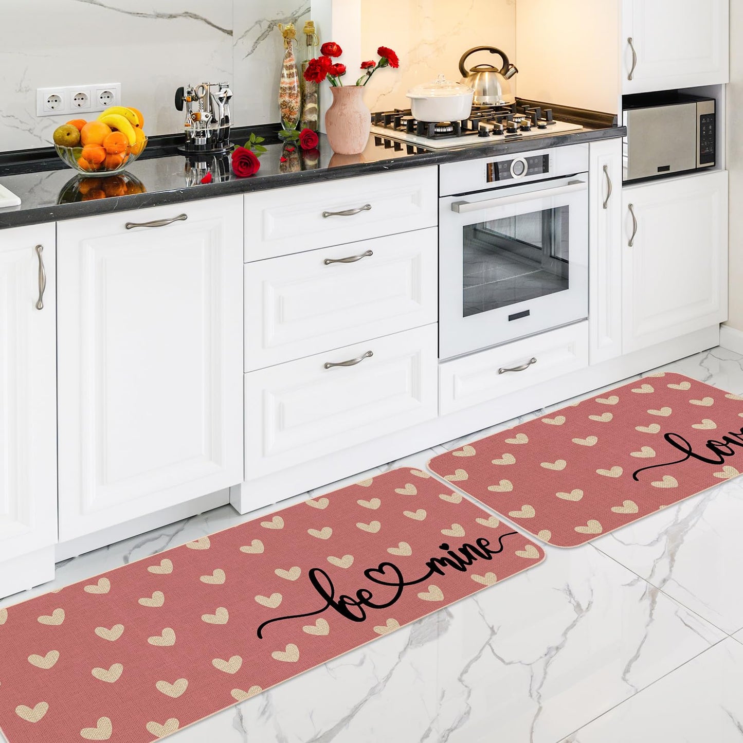 JarThenaAMCS 2 Pcs Pink Love Heart Valentine's Day Kitchen Mat White Heart Kitchen Rug Non Slip Rectangle Doormat Floor Mat for Home Entrance Porch Decoration,17 x 29 and 17 x 47 Inch