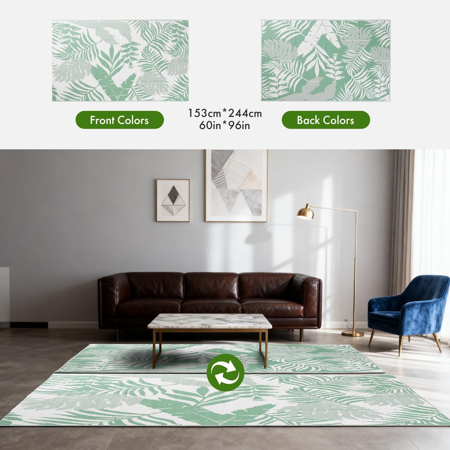 olofable ‌Reversible Waterproof Outdoor Rug – Lightweight UV-Resistant Rug for Patio, Camping & Beach (Green Fern Leaves, 5' x 8' (Rectangular))