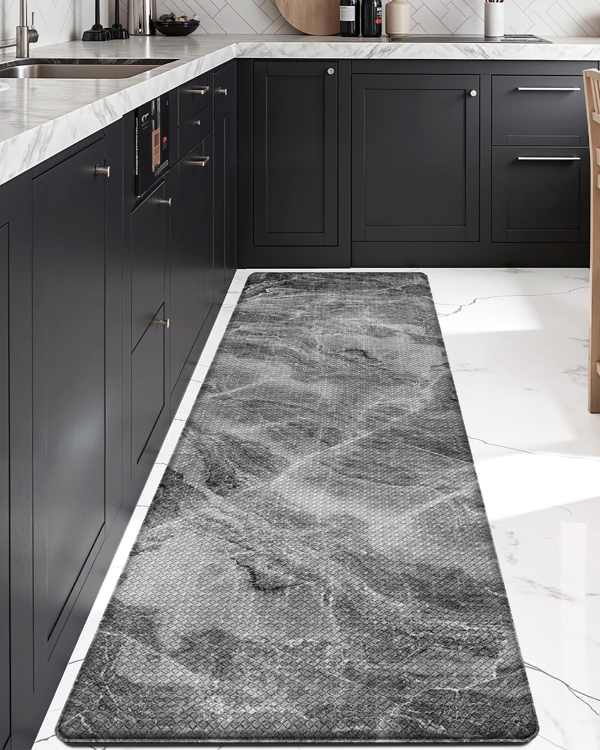 DEXI Kitchen Floor Mats Cushioned Anti Fatigue, 23x86 Large Long Standing Comfort Runner Rug Waterproof, Marble Memory Foam Padded for Front Sink Laundry, Dark Grey