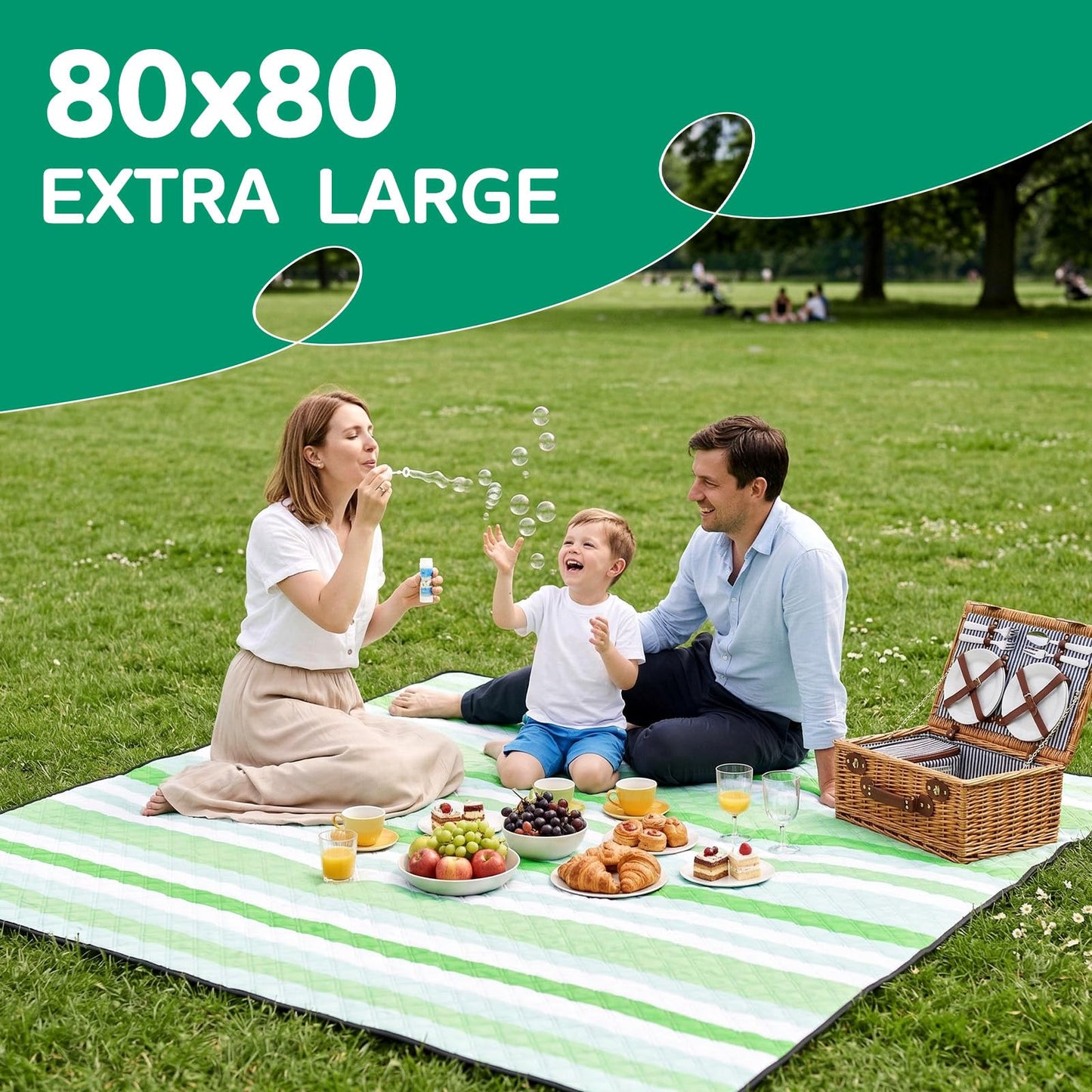 RYCHIC Waterproof Picnic Blanket Beach Mat Outdoor Outside Carpet Thick Rug Towel Kids Activity Playmat Oversized Cute Match Table Bag Basket Set Ground Cover Park Lawn Summer Vacation Essential