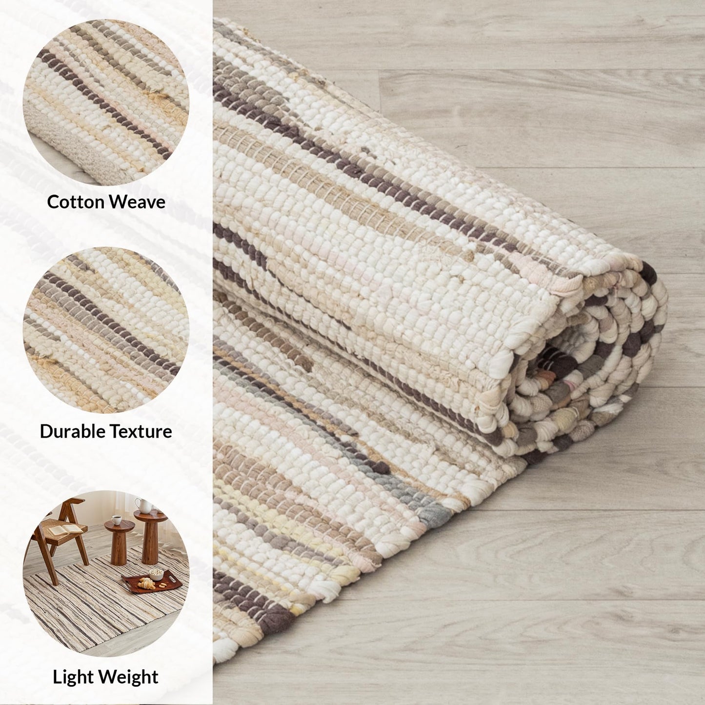 HOMEMONDE Beige Chindi Rug 3'x5' Recycled Soft Cotton Rag Rug Hand Crafted Reversible Boho Decor for Bedroom, Living Room, Kitchen, Entyrway