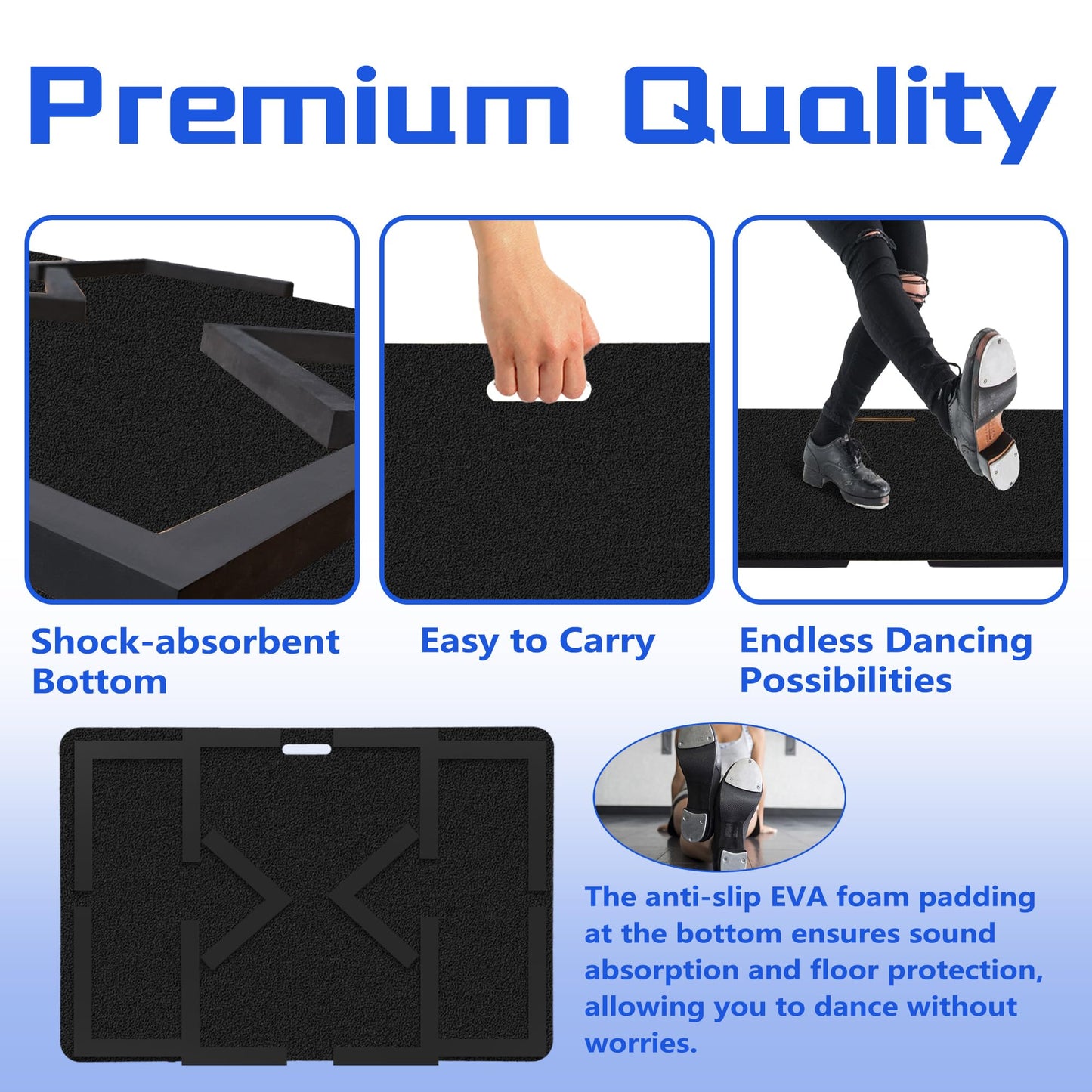 koretech Tap Dance Floor, Portable Dance Floor, Professional Tap Board for Tap Dancing, Cushioned Base Dance Practice Floor, 48'' x 28'', Black