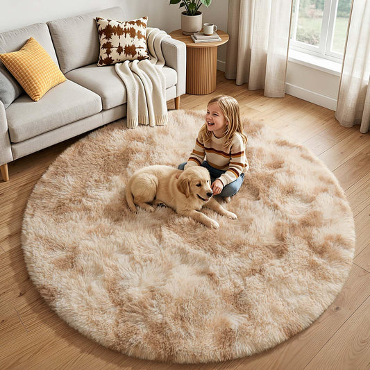 KIXINWA Round Rug for Bedroom, 5x5 Area Rug for Living Room, Fluffy Carpet for Kids Nursery Dorm Room, Soft Shag Non Slip Floor Rugs, Home Décor Carpet, Machine Washable, Tie-Dyed Camel