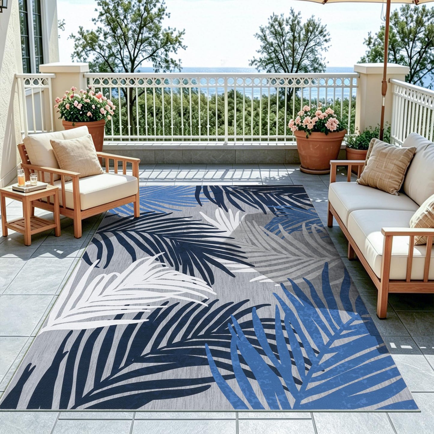 Pauwer Indoor Outdoor Area Rugs 5x7, Washbale Outdoor Patio Rug, Blue White