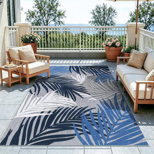 Pauwer Indoor Outdoor Area Rugs 5x7, Washbale Outdoor Patio Rug, Blue White