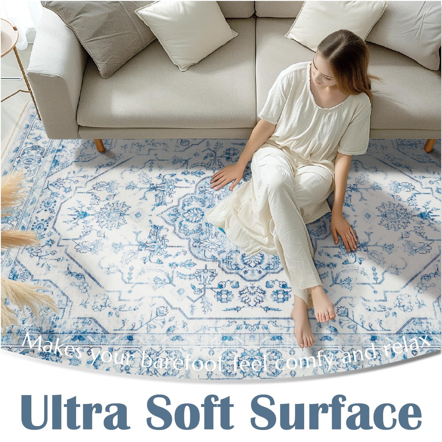 jinchan Area Rug 5x7 Medallion Floral Washable Rug Non Slip Vintage Soft Carpet for Living Room Bedroom Dining Room Distressed Blue