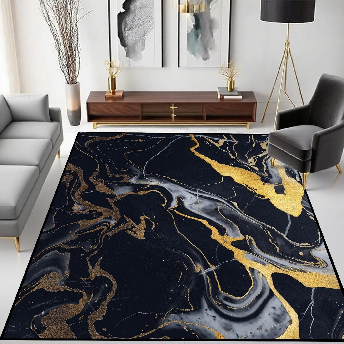 VTKON 6' x 9' Black Gold Rug for Living Room Marble Area Rug Modern Marbling Rugs for Teens Adults Non-Slip Washable Carpet Marbled Floor Mat for Dining Room Bedroom Dorm Marble Black Gold Rugs