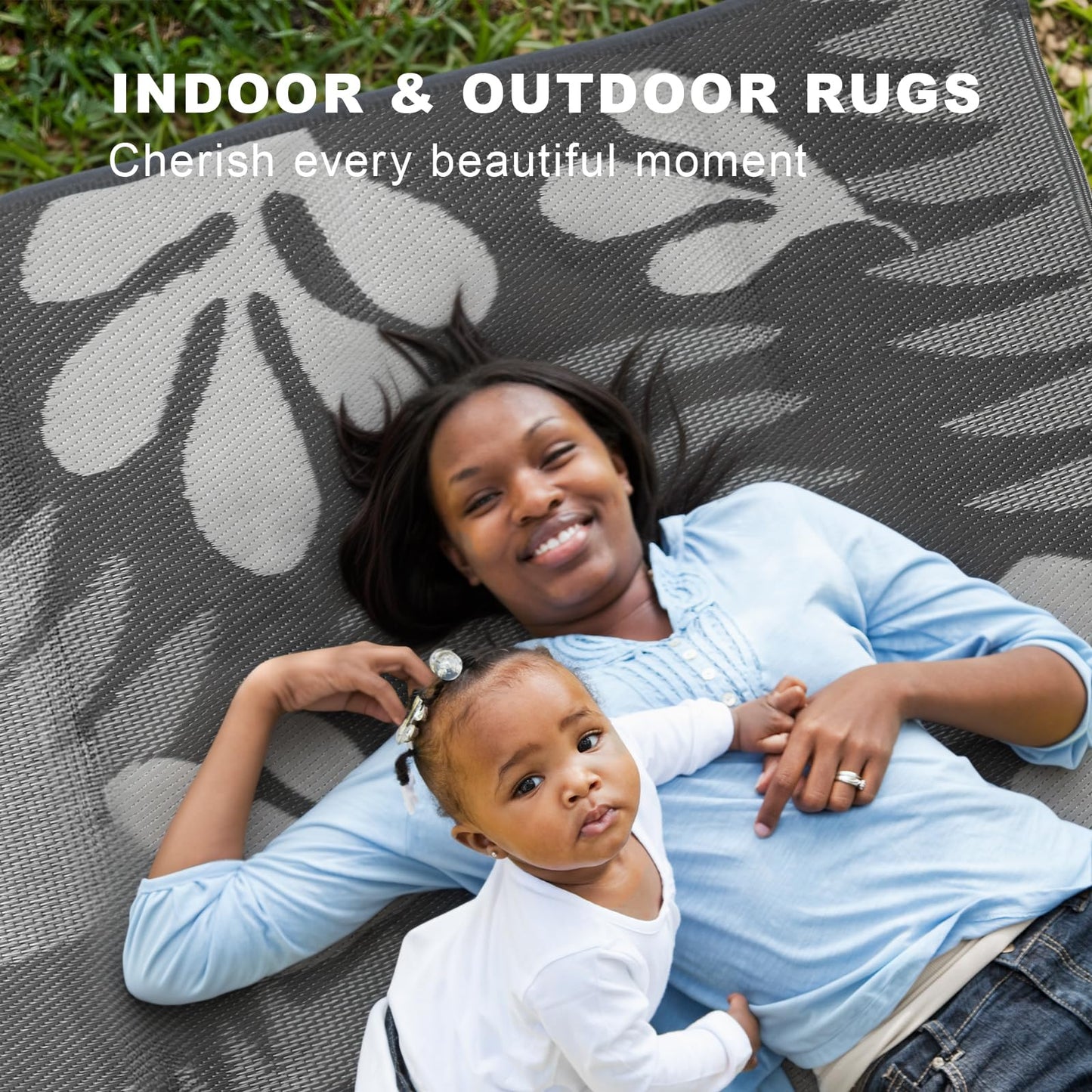wikiwiki Outdoor Rug, 5x8ft Waterproof Reversible Mat Indoor Outdoor Rugs Carpet, Small Area Rug Plastic Straw Rug for Patio Deck Balcony Pool RV Camping Beach Picnic, Grey Leaves, Rugscape Series
