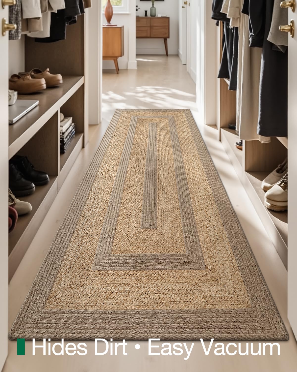 LUMI 3x10 Jute and Raffia Braided Runner Rug for Hallway, Natural Rustic Carpet Non Slip, Area Mat Indoor High Traffic for Living Room, Entryway, Kitchen, Laundry