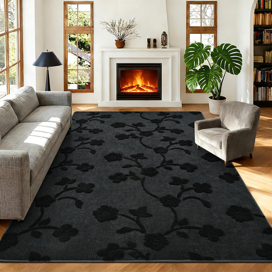 Zedrew Area Rugs for Bedroom Living Room, 5x7 Dark Grey Memory Foam Rug, Floral Low Pile Design, Modern Washable Minimalist Carpet for Boys Girls Dorm Nursery Home Decor(5x7ft, Dark Grey)