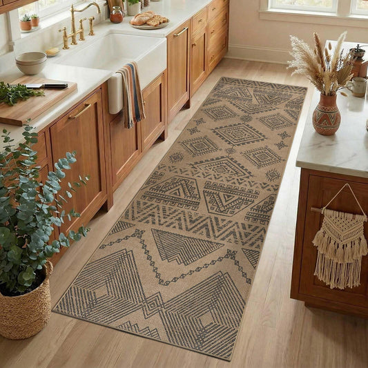 jinchan 3x8 Washable Faux Jute Runner Rug, Boho Southwestern Geometric Long Runner Rug with Natural Fiber Look, Low-Pile Non-Slip Floor Mat for Hallway Kitchen Living Room Entryway, Natural Charcoal