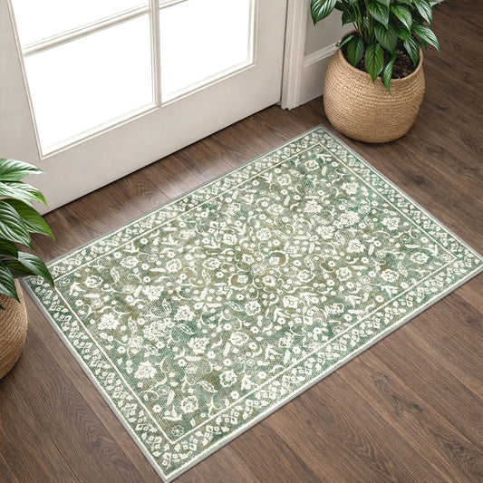 SILOLOOM Vintage Entryway Rug Indoor, Sage Green Beige Washable Rug 2x3, Small Area Rug with Non-Slip Backing, Floral Print Thin Faux Wool Super Soft Door Mat for Kitchen, Entrance, Bedroom, Office