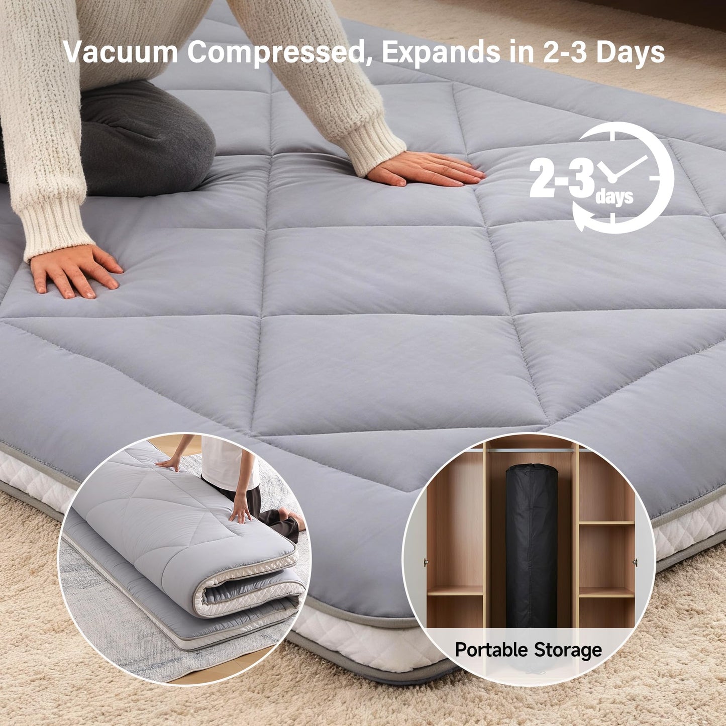 Welnow Japanese Futon Floor Mattress, Thick Queen Size Tatami Mat Portable & Foldable Roll Up Floor Bed Mattress with Storage Bag, Sleeping Pad for Adults, Dorm, Guest Bed, Camping and Travel, Grey