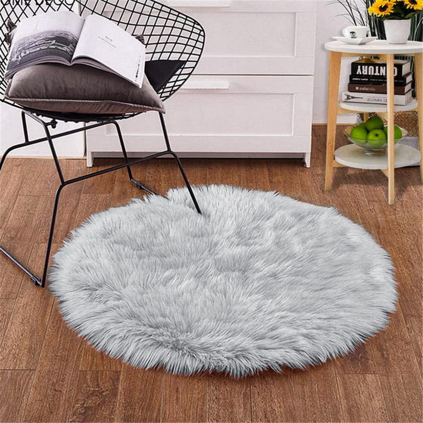 Goolela Grey Round Rug 3ft Fluffy Faux Sheepksin Fur Rug Fuzzy Gray Bedside Rugs for Bedroom Living Room Plush Soft Circle Shag Carpet