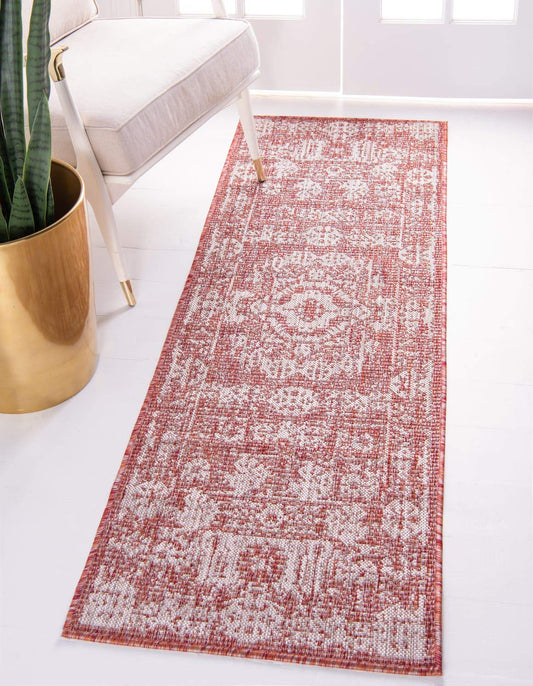 Unique Loom Outdoor Traditional Collection Area Rug - Timeworn (2' x 6' 1" Runner, Rust Red/ Gray)