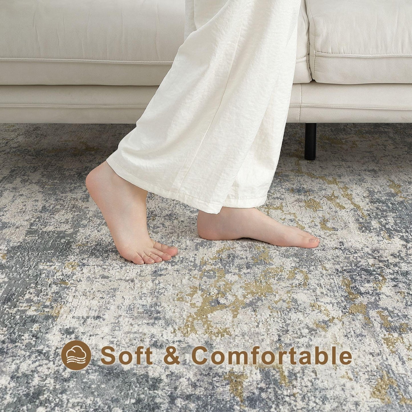 kakania 10x14 Washable Area Rug: Abstract Modern Non Slip Soft Low Pile Carpet, Easy Clean Polyester Kid Pet Friendly, Thin Rug for Living Room Bedroom Kids Dorm Office, Robot Vacuum - Blue Grey
