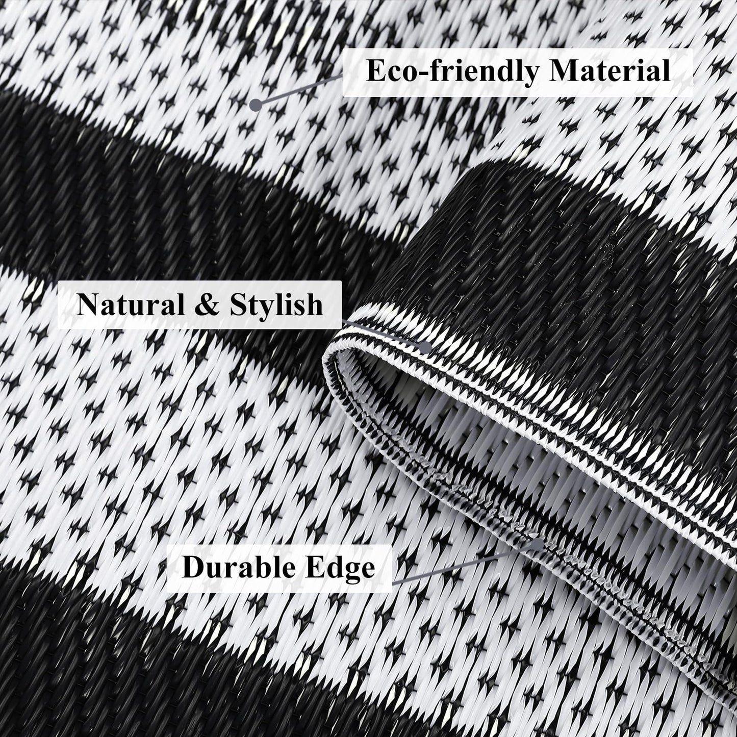 IDEALHOUSE Outdoor Rug, 320GSM Thick PP Woven, Modern Border A, Reversible Foldable, Lightweight Anti Scuff, Decorative Floor Mat for Patio Balcony Camping, Black White 10x14ft