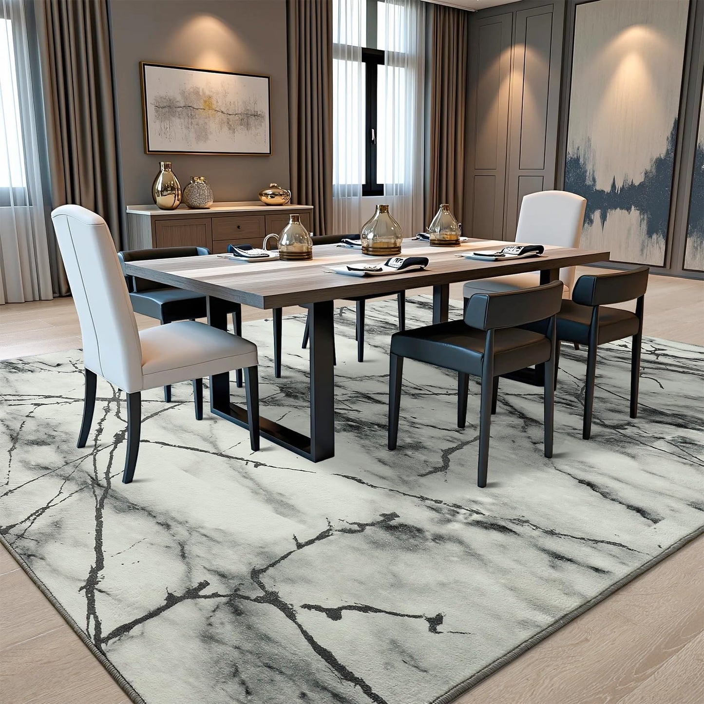 Przemy Area Rugs for Living Room, 4x6 Washable Rug for Bedroom, Modern Non Slip Carpet for Dorm Hallway Nursery Dining Room Office, Grey and White