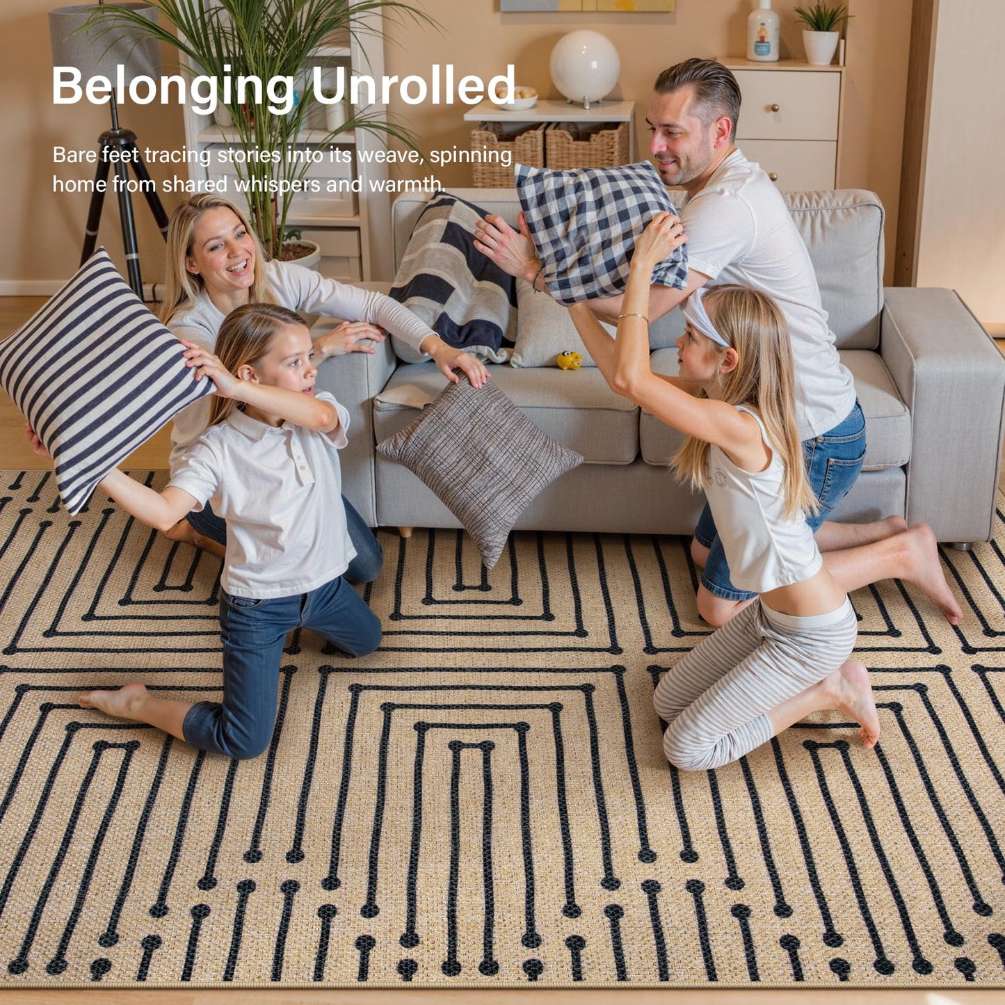 Lahome Boho 3x5 Washable Rugs for Entry, Easy Jute Indoor Outdoor Porch Rugs, Maze Lines Modern Throw Rug Non Slip Stain Resistant Door Mat for Bedroom Living Room Deck