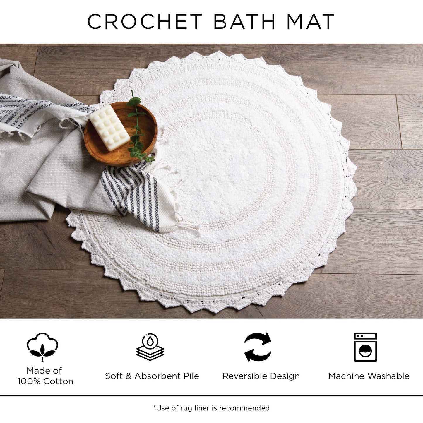 DII Crochet Collection Reversible Bath Mat, Small Oval, 17x24, Gray