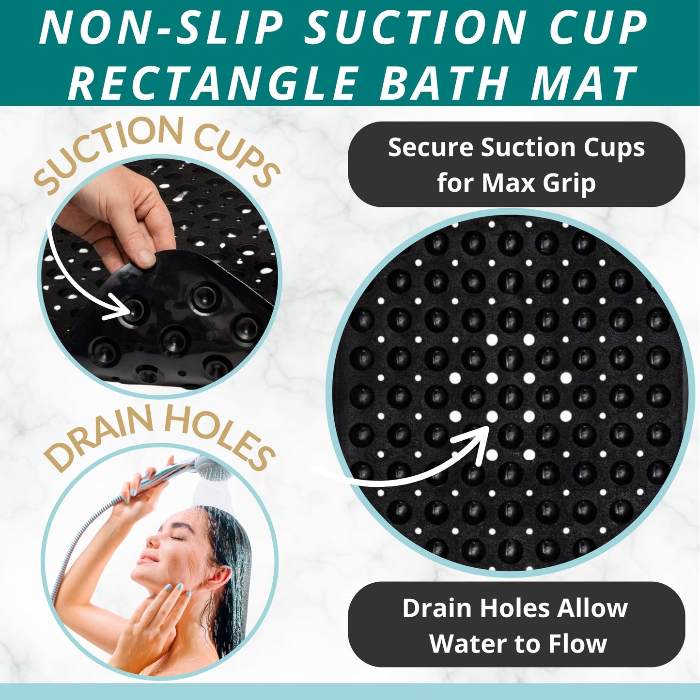 ENKOSI Bath Mat – 40 x 16 Inch Extra Long Non Slip Bathtub Mat – Anti Slip Black Shower Mat with Suction Cups – Bathroom Mat for Tub and Smooth Shower Floors (Black 40x16)