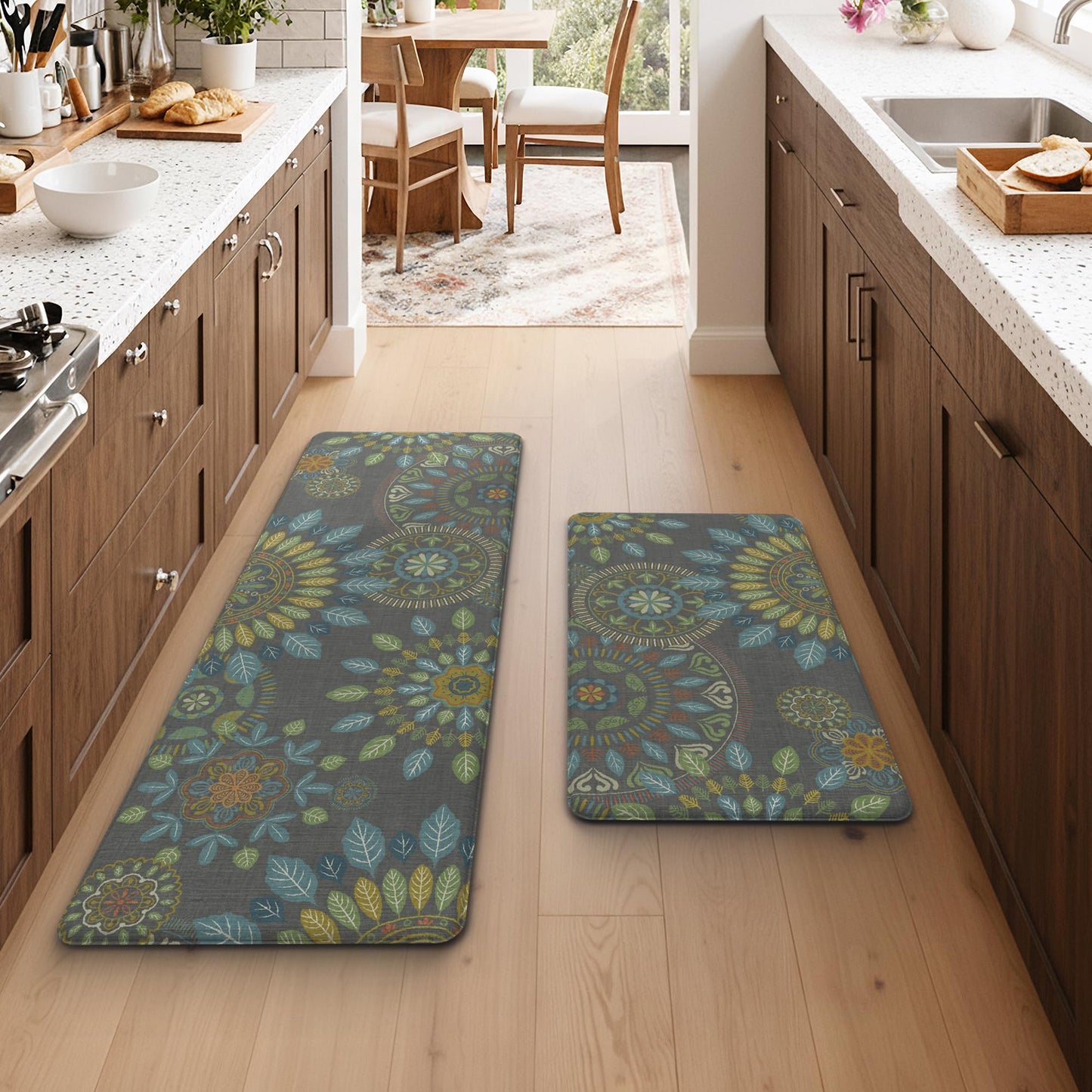 GENIMO Kitchen Mats for Floor 2PCS, Cushioned Kitchen Rugs Non Slip Washable, Farmhouse Anti Fatigue Mat Waterproof, Comfort Standing Mat Rug for Office, Home, Laundry, 17.3"x47"+17.3"x30", Green