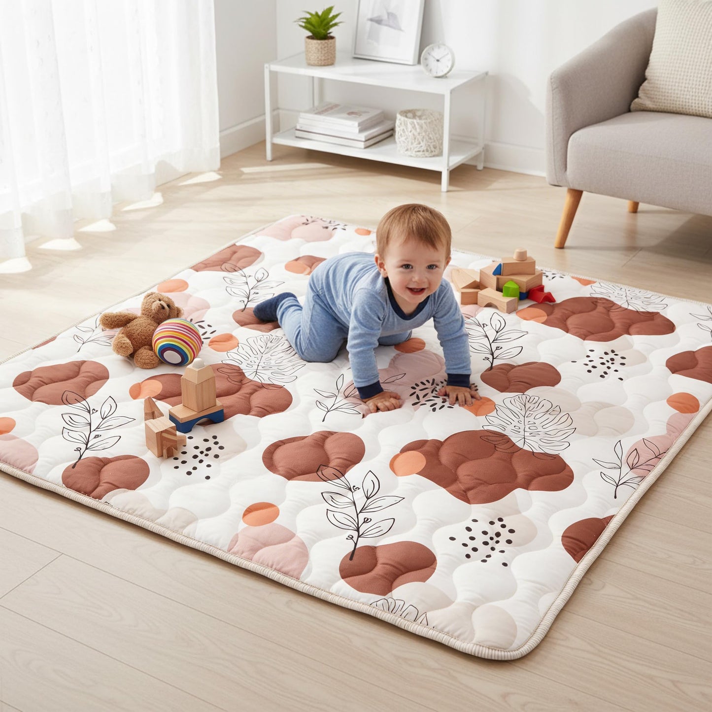 Bunnikins & Clover Baby Play Mats for Floor, 71"x59" Thicken Soft Play Mat for Babies 6-12 Months, Foldable and Non Slip One-Piece Crawling Mat, Washable Foam Playmat for Baby, Tummy Time