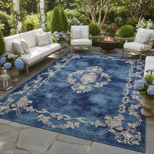 Navy Blue Tan Vintage Floral Waterproof Outdoor Rugs for Patios Balcony Deck Camping Porch Backyard Poolside Beach Outside Carpet Thin No Slip Modern Distressed Washable Low Pile Floor Mats 2x6