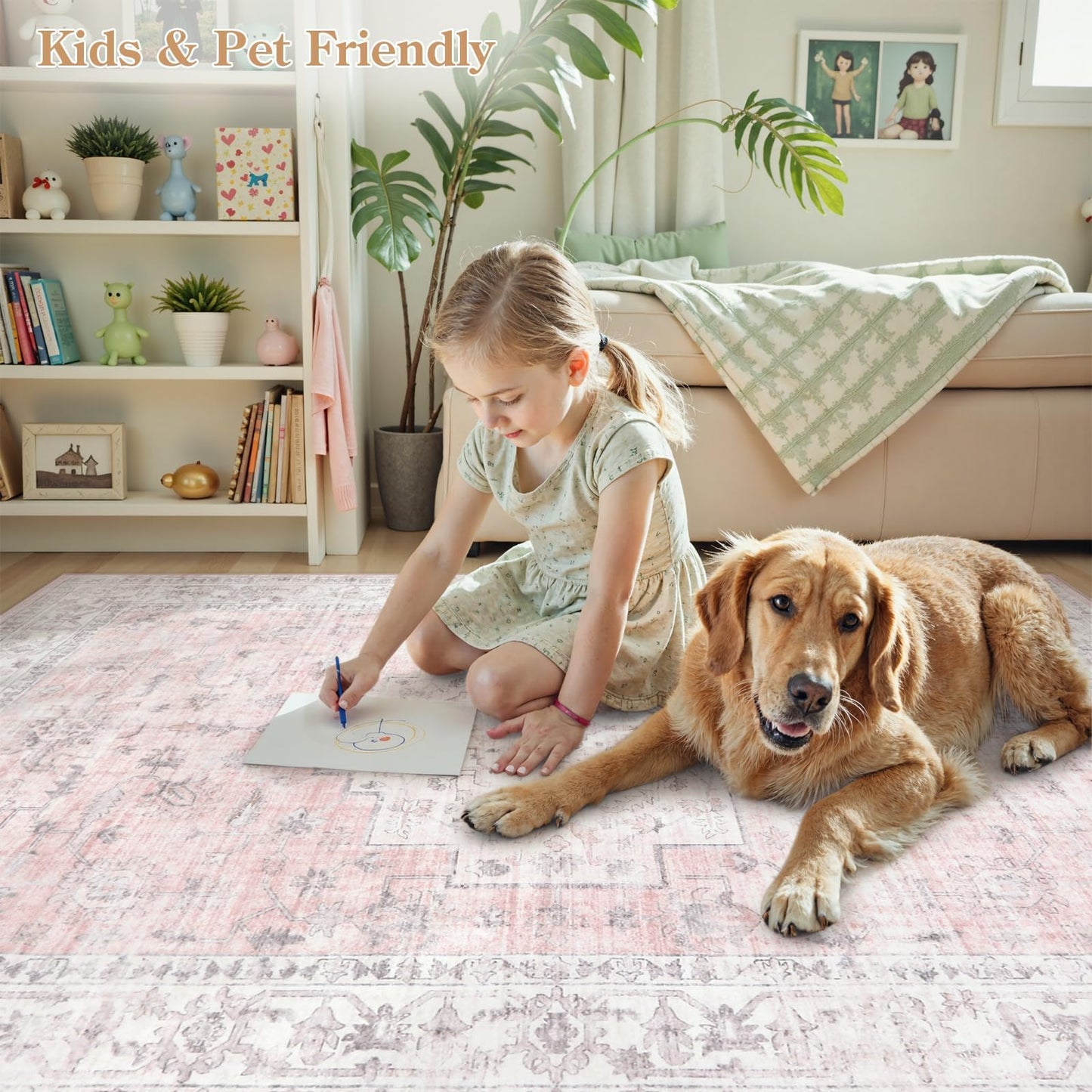LIVEBOX Pink 6x9 Area Rug for Bedroom Girls, Boho Washable Rugs for Living Room Nursery, Non-Slip Indoor Soft Carpet Low-Pile Farmhouse Carpets for Dining Room Kids Playroom, Pink