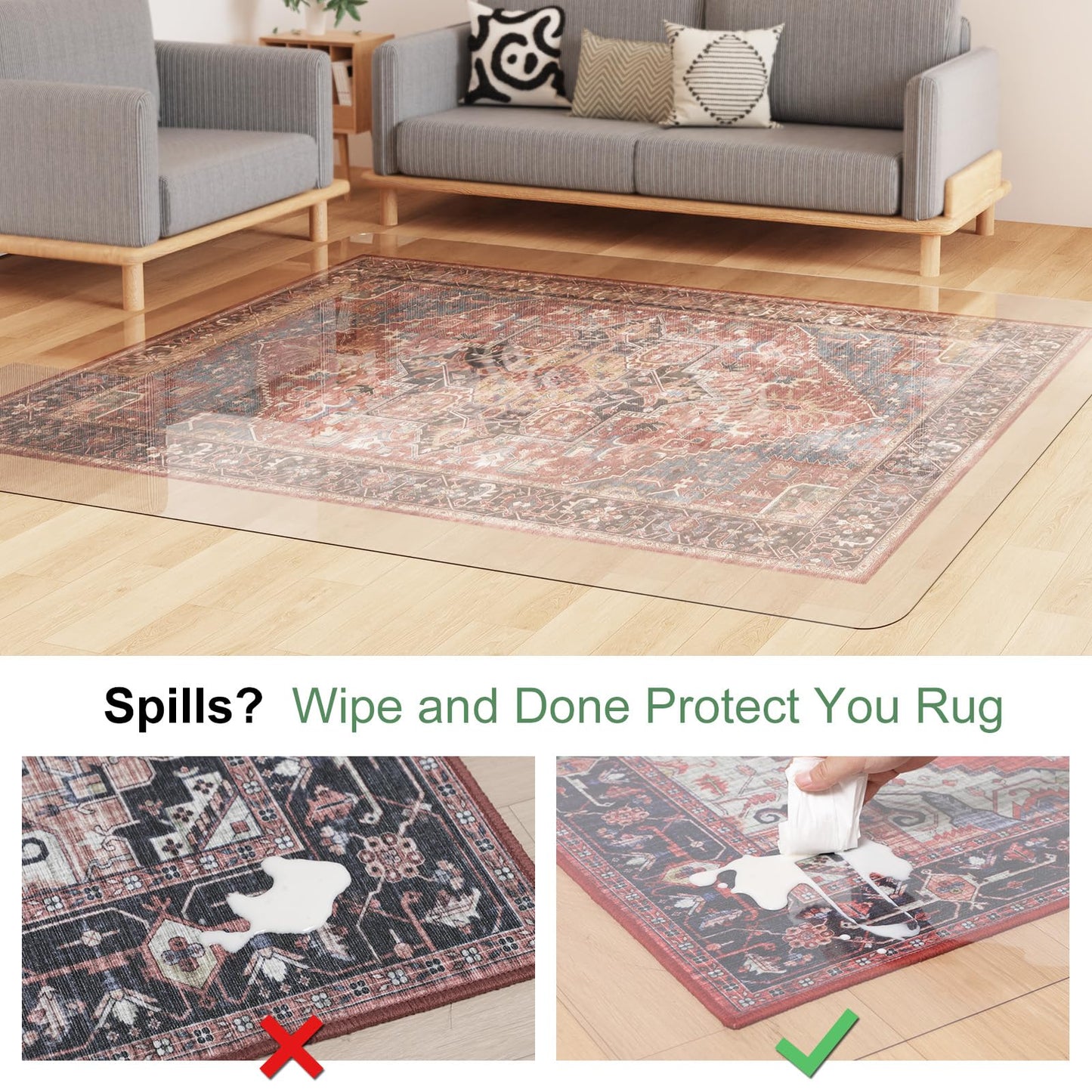 ZPAI Crystal Clear Floor Mat 3×5ft, Upgraded Easy Flat Waterproof Vinyl Rug Cover, Large Stain-Resistant Plastic Area Rug Floor Protector for Kitchen, Dining Room, High-Traffic Areas