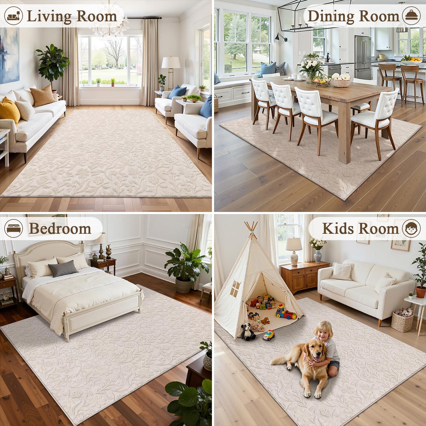 Vaukki 5x7 Area Rug for Living Room, Soft Fluffy Washable Modern Floral Indoor Floor Mat, Non Slip Shaggy Boho Accent Throw Carpet for Bedroom, Living Room, Nursery and Dining Room, Beige