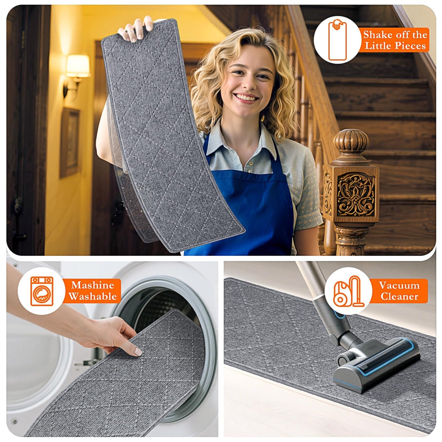 DailyCuddles Stair Treads for Wooden Steps 15 PCS - 8’’ x 30’’, Non Slip Stair Runner, Machine Washable Stair Rugs Strips for Kids Pets and Elderly, Indoor Carpet for Stairs (Grey)