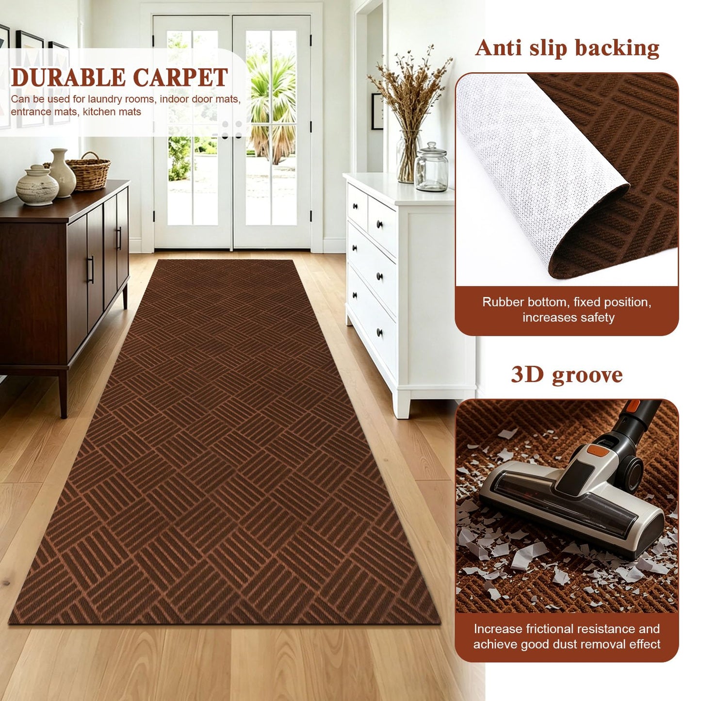 Runner Rugs with Rubber Backing for Hallway,2’x6’Fine Stripe Embossing Non-Slip Indoor Outdoor Doormat,for Entryway Balcony Patio Kitchen Garage Stair Laundry,Brown
