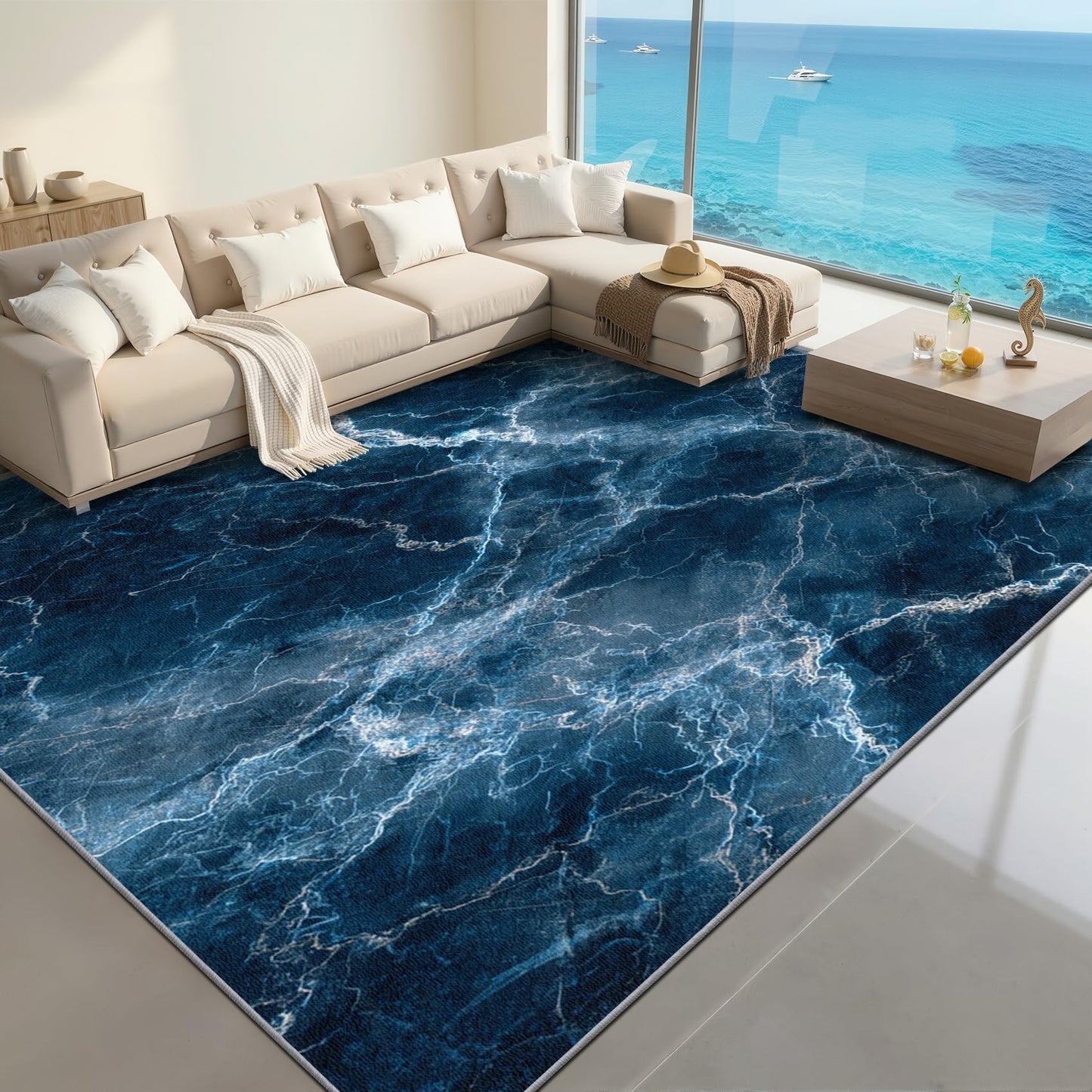 Aquailis Marble Rugs for Bedroom - Blue Marble Rug, 3x4 Rug, Modern Abstract Area Rug, Abstract Luxury Washable Non Slip Rugs, Contemporary Carpet - Home Decor, Modern Gifts for Men