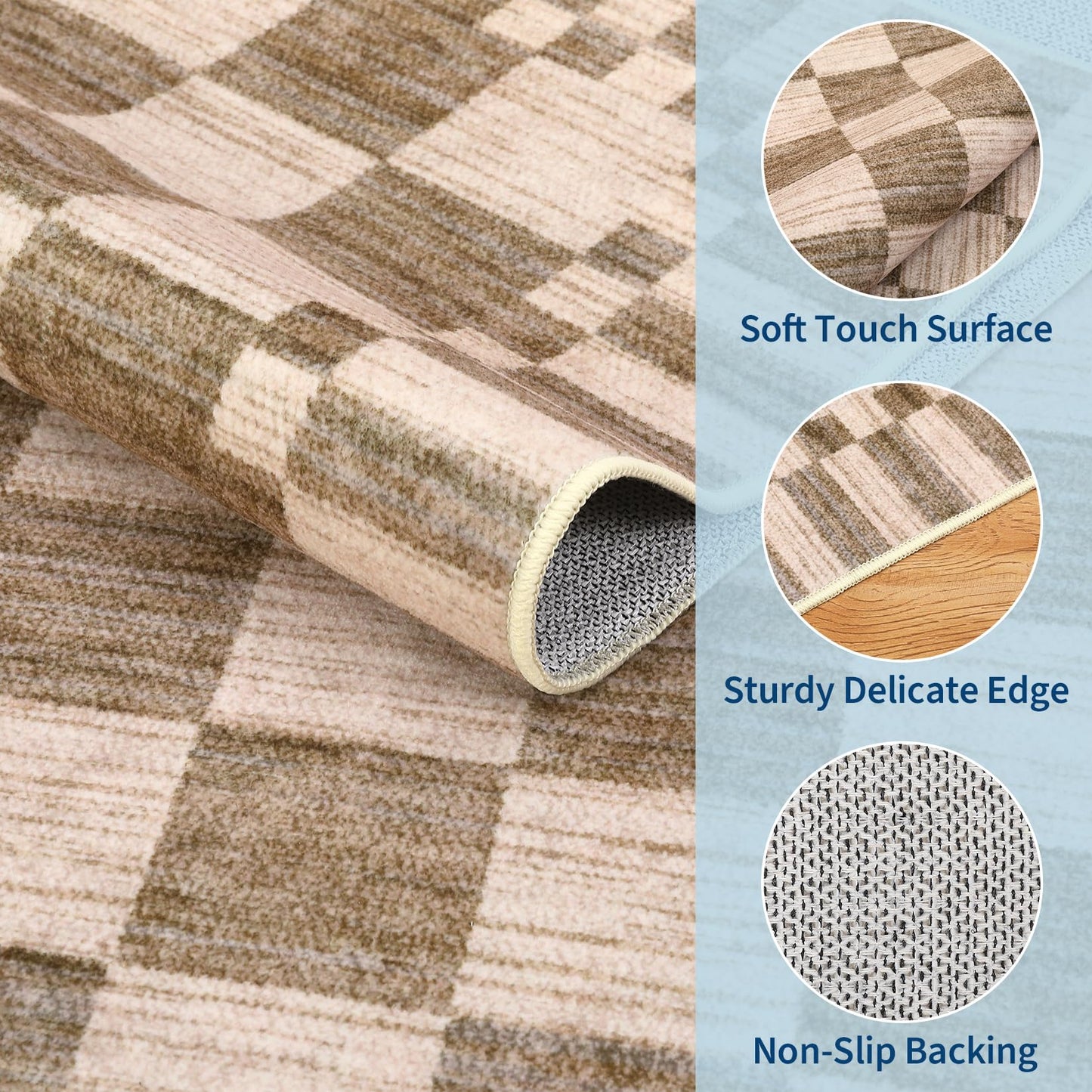 GarveeHome 2×6 Kitchen Runner Rug Non Slip Brown Checkered Rug,Washable Runner Rug for Hallway Soft Low-Pile Geometric Tan Brown Print Checkerboard Rugs for Entryway Kitchen Dining Room
