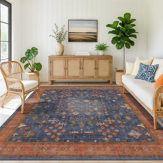 Washable Boho Square 8x8 Living Room Rug - Navy Blue Carpet for Bedroom, Dining Room Rugs for Under Table - Low Pile Non-Slip Rubber Backing Stain Resistant (8x8 Navy Blue)