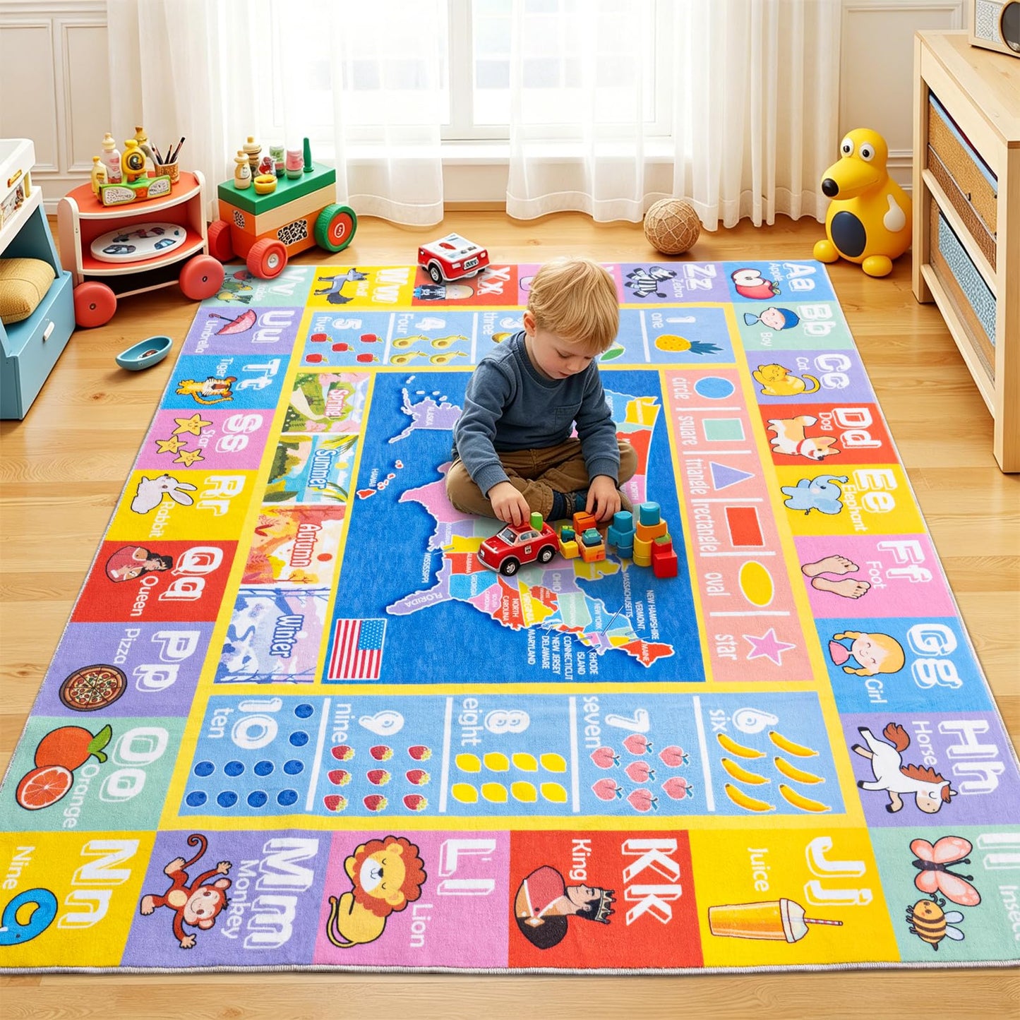 OHDS Kids Rugs for Playroom - Soft & Non-Slip 8x10 Feet Educational Rug for Learning ABC Alphabet, Numbers, Shapes & Map, Washable Classroom Rug for Toddler Nursery & Kids Room Decor