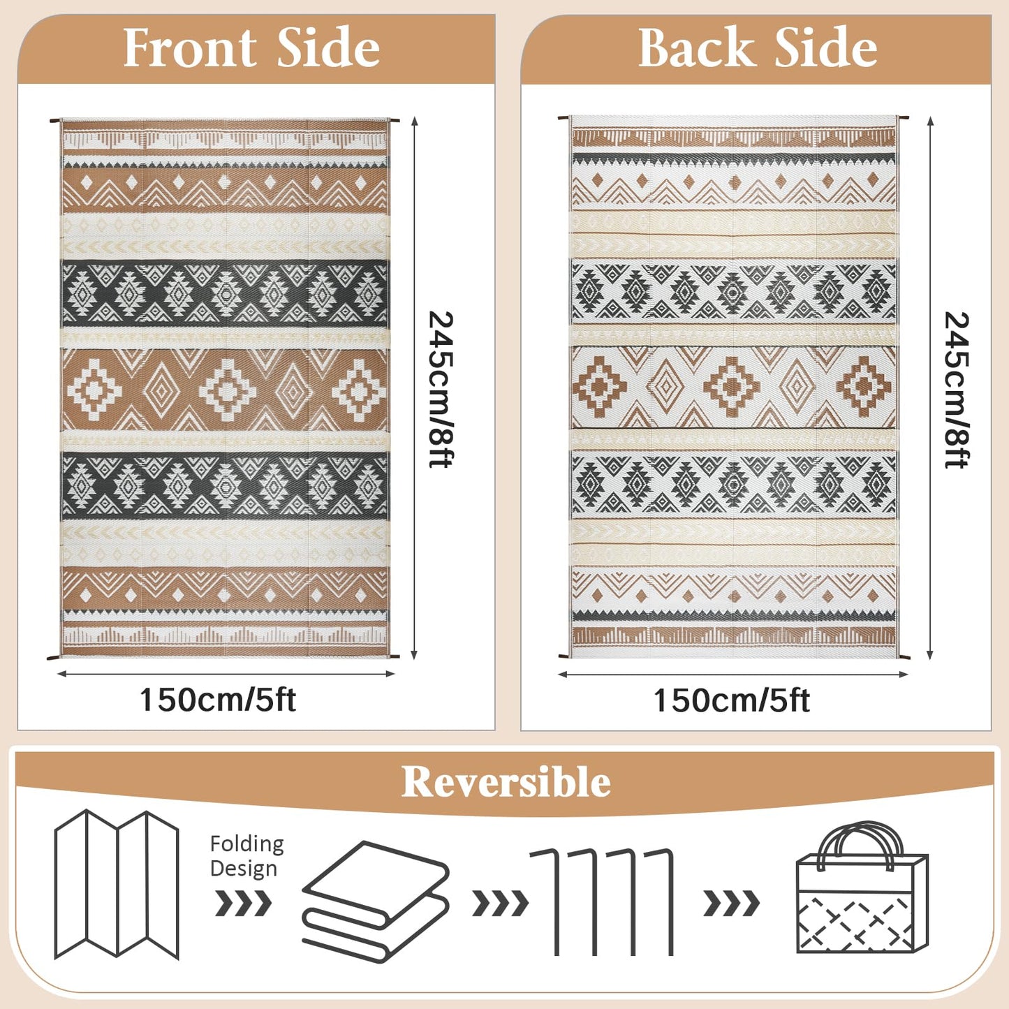 Outdoor Rug 5x8 ft Waterproof Reversible Plastic Straw Patio Camping Rug, Portable Indoor Outdoor RV Mat Carpet for Deck, Camper, Porch, Balcony, Backyard, Picnic, Brown