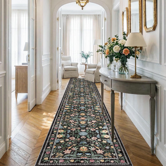 Vintage Hallway Runner Rug 2x12: Non-Slip Washable Floral Rug Runners for Kitchen Bedroom 0.13inch Slim Low Pile Easy Clean Indoor Home Decor Floor Carpet 2x12 Black