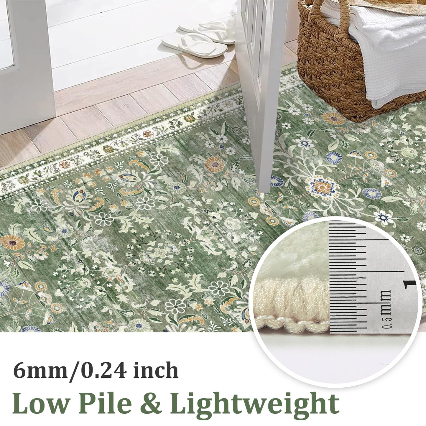 Yamaziot Washable Runner Rug 2x6 – Non Slip Boho Floral Hallway Runner Rug with Rubber Backing, Low Pile Faux Wool Distressed Carpet for Kitchen, Laundry, Bedroom, Entrance, Mottled Green