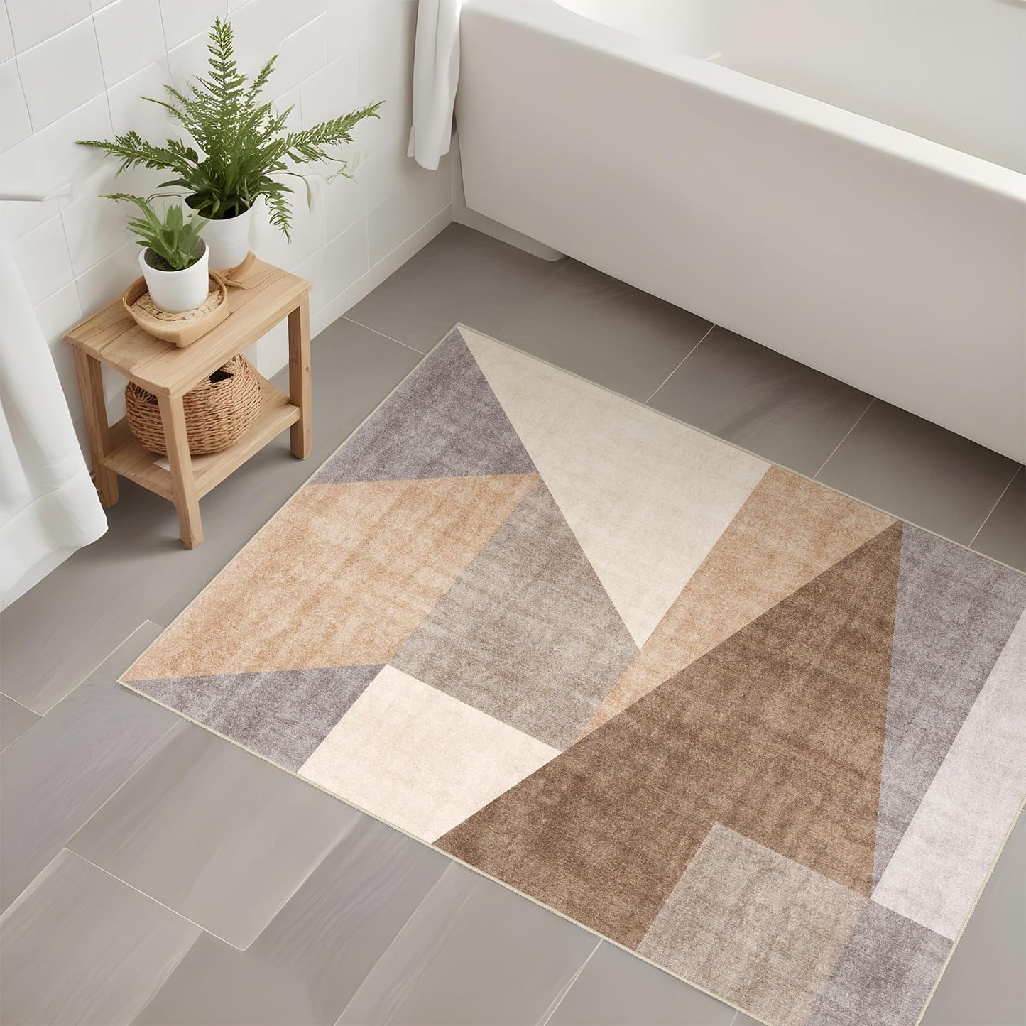 Washable Modern 2x3 Area Rug: Non-Slip Small Throw Carpet Pet Friendly Low Pile Mat for Entryway Kitchen Bedroom Bathroom Floor Stain Resistant Indoor Geometric Rug Brown