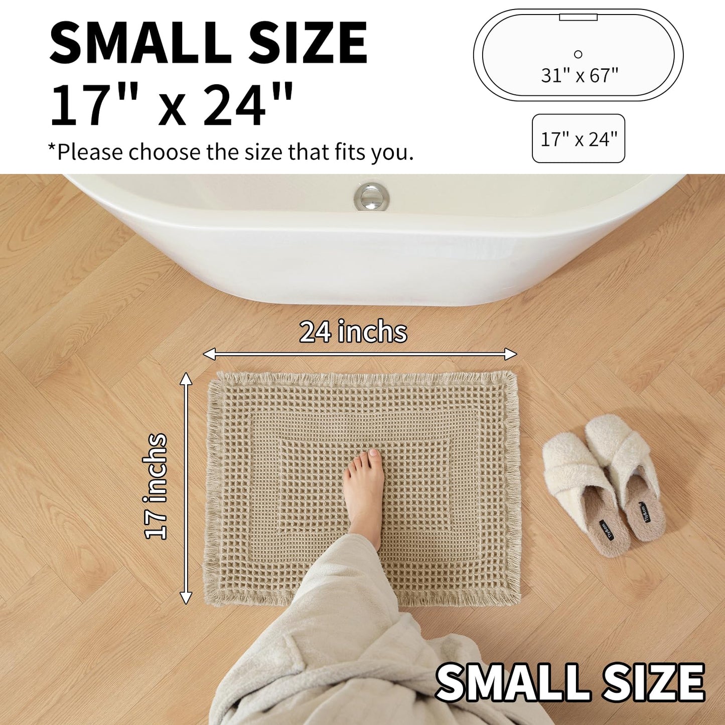CYCMACO Waffle Bath Mat - Super Water Absorbing Bath Mat Quick Dry, Bathroom Rugs Non Slip Washable with Tassels, Rubber Backed Bathroom Mat for Bathroom Floor, Tub and Shower, 17" x 24", Brown