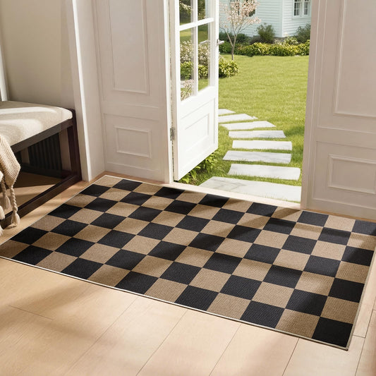 Sasttie Checkered Jute-Look Entryway Rug, 3x5 Washable Rug Front Door Mat, Non-Slip Neutral Farmhouse Throw Rugs for High Traffic Indoor & Outdoor, Natural/Black