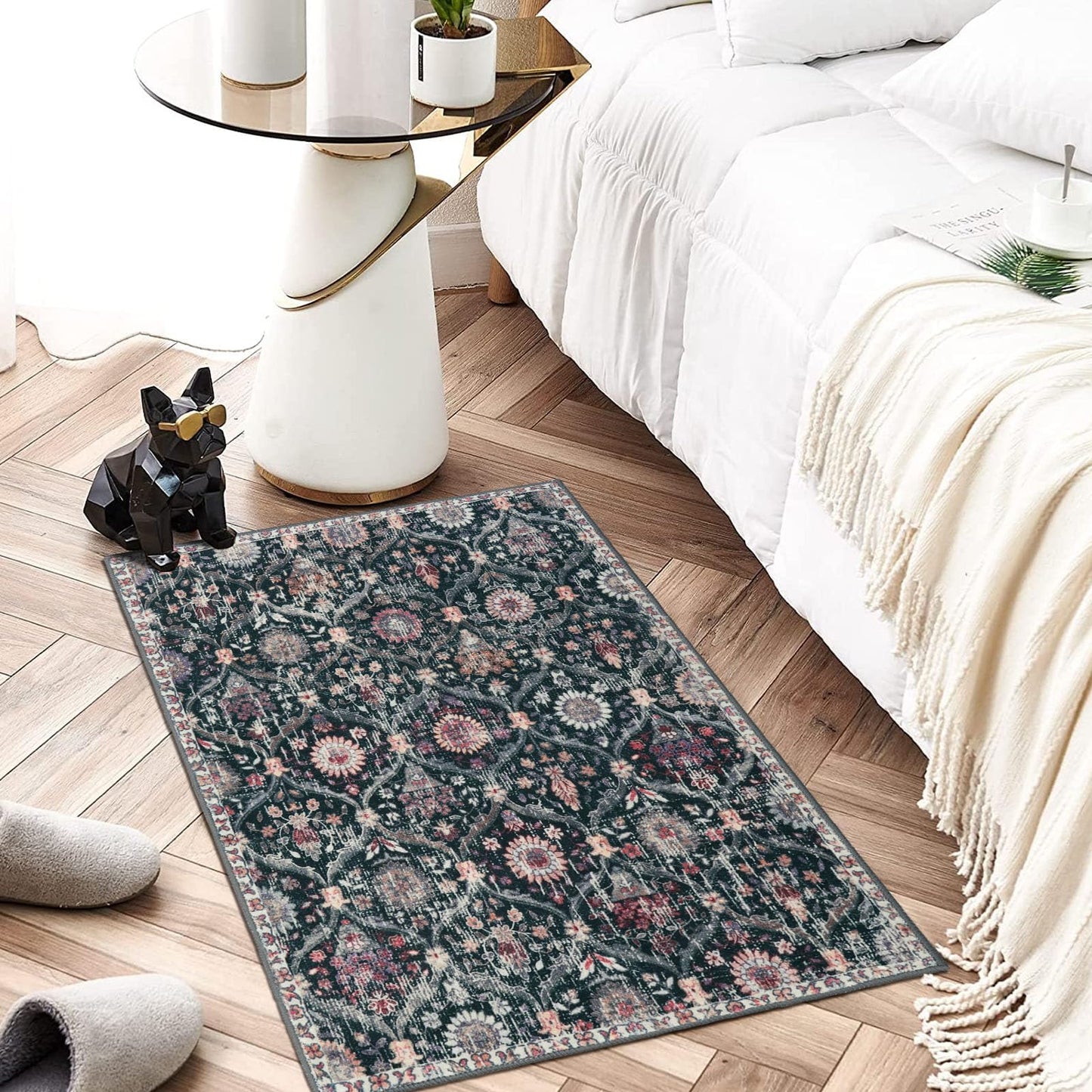 Lahome Moroccan Trellis Washable Rug, 2x3 Entryway Rugs for Kitchen Bathroom, Non-Slip Indoor Door Mat Ultra-Thin, Small Oriental Throw Carpet for Bedroom Entry Elise, Black/Multi